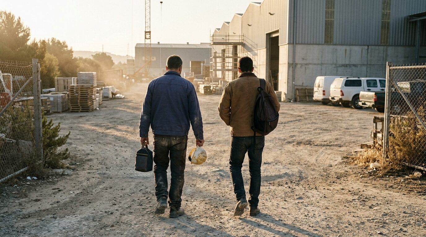 Illustration: two men in work clothes arriving at a work site in the morning