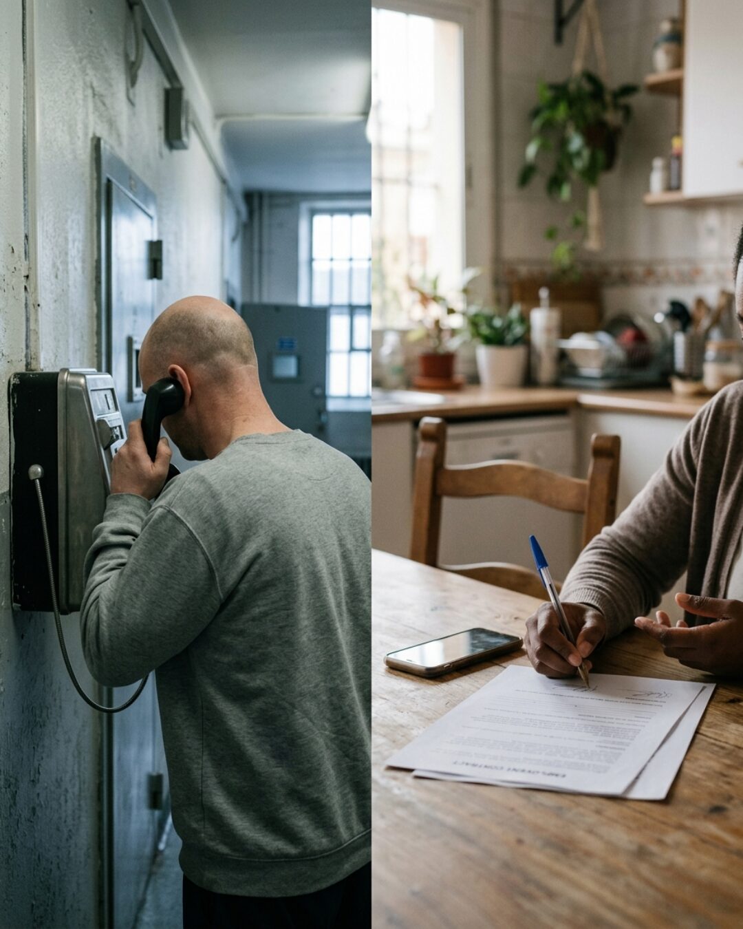 Illustration: an inmate calls from a prison payphone while his partner signs an employment contract at home