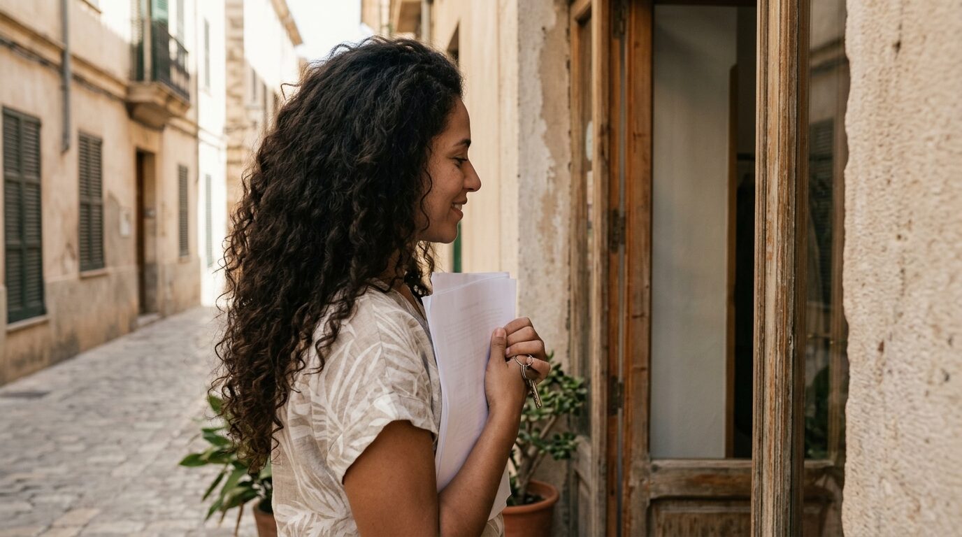 Illustration: a woman smiling with relief as she holds a newly signed employment contract outside a small business in Spain